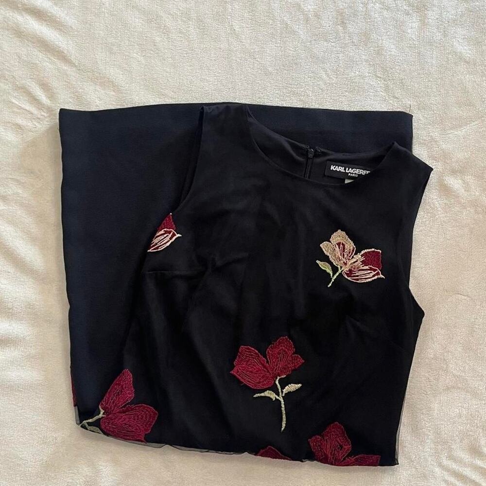 Karl Lagerfeld Paris Shift Dress Black Burgundy Red Floral Sleeveless 0